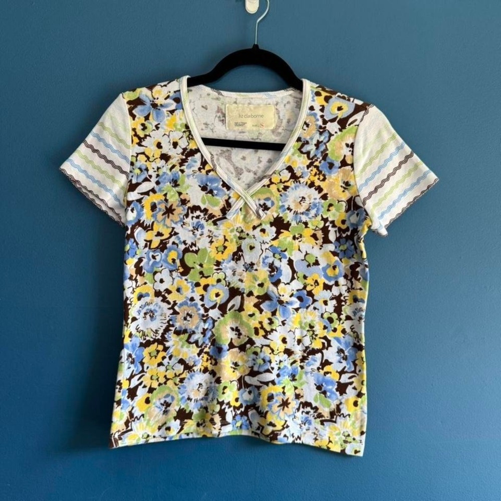 Y2K Floral V Neck Women's Size Small Liz Claiborne Cotton Stripe Yellow Blue - Picture 8 of 8